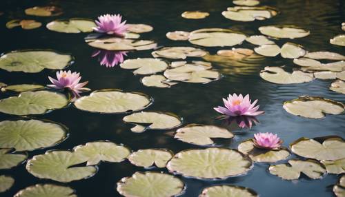 Bunga lili air metalik mengambang dengan tenang di kolam halaman belakang.