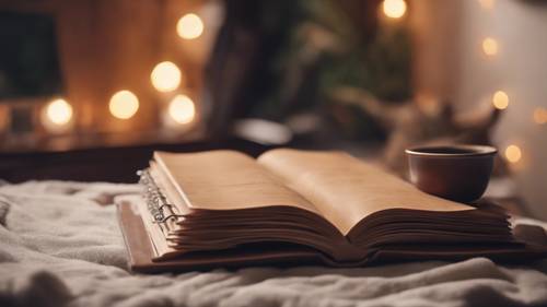 Gleaming motivational quote on the front cover of a leather-bound diary, with a soft-focus background of a cozy reading nook. Tapet [e8d385c827e345678e0c]