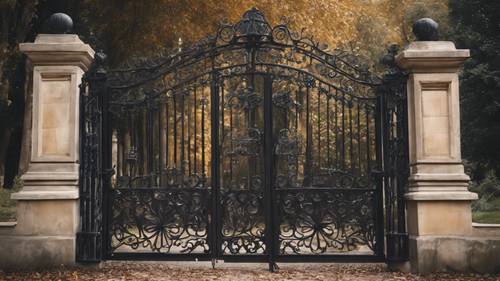 A black wrought iron gate leading to a mysterious old mansion. Divar kağızı [00e9109dde5944c7bf46]