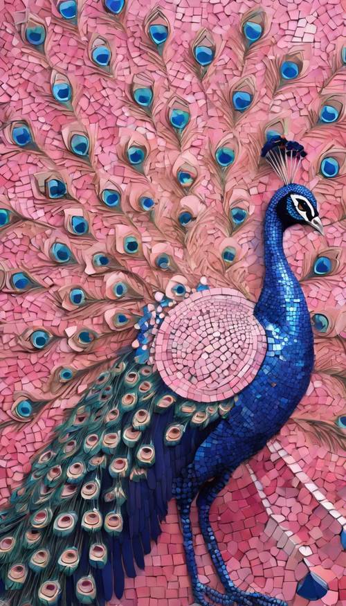 A colorful, detailed mosaic combining pink and navy blue tiles, forming a beautiful peacock with his tail fanned out.