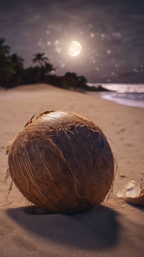 A whole coconut in its fibrous husk, sitting on a sandy beach under a full moon night.