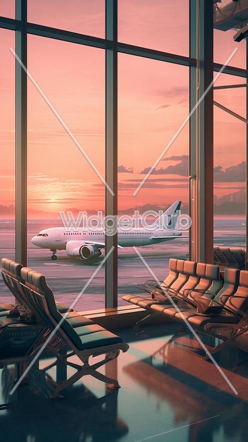 วิวสนามบินพระอาทิตย์ตกพร้อมเครื่องบินและที่นั่งว่าง