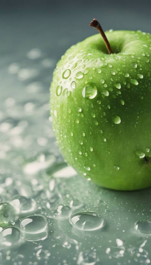 绿色 Granny Smith 苹果与水滴的特写