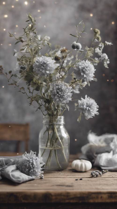 质朴的木桌上装饰着优雅的灰色花卉。