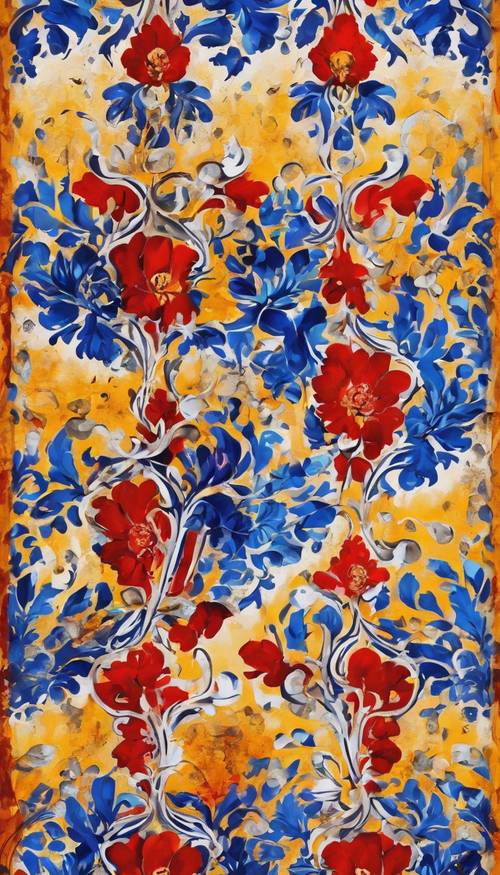 A stylized painting showing a modern damask design in primary colors. Tapet [f70f3f2a1d804320b4f5]
