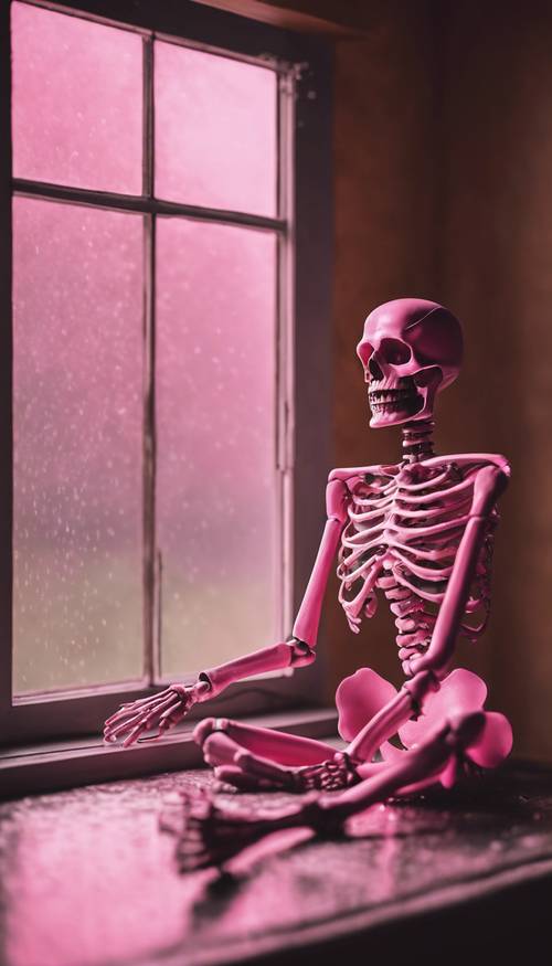 Kontemplacyjny różowy szkielet przy oknie, obserwujący padający deszcz.