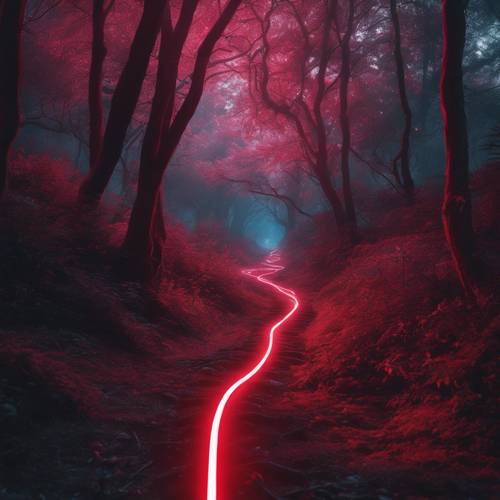 Un camino de neón rojo que serpentea a través de un bosque místico y fresco.