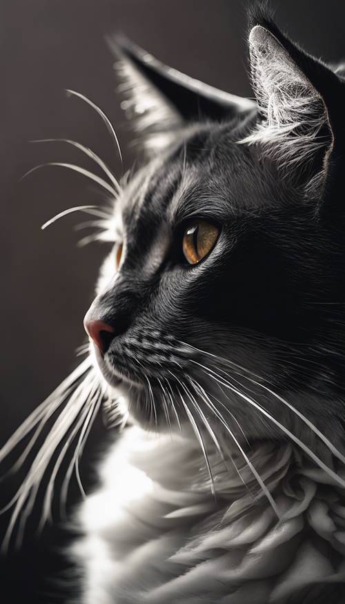 Chân dung cận cảnh của một con mèo đen tuyền với độ tương phản cao trên nền trắng