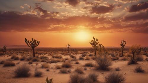 燃える夕日の下に広がる黄金色の砂漠風景