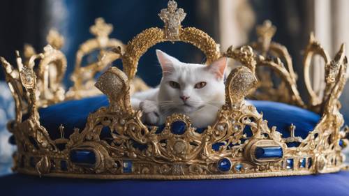 Mahkota kucing kerajaan, dihiasi lambang tikus, tergeletak di atas bantal biru tua.