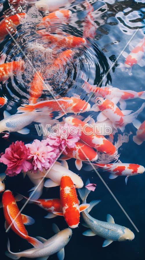 Bunte Koi-Fische und rosa Blumen im Wasser