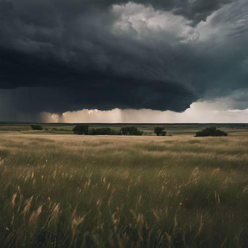 A prairie storm approaching over the plains, the dark clouds casting ominous shadows on the grasslands below.