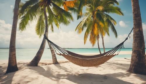 A cheerful hammock hanging between two palm trees on a deserted tropical island