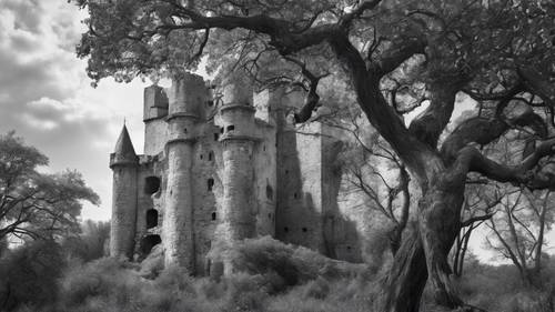 一座古老而摇摇欲坠的城堡以黑白镜头呈现，屹立于时间和自然的侵蚀之下。