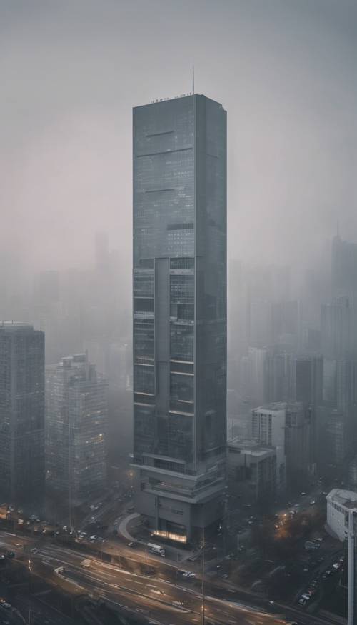 Una mattinata mistica e nebbiosa in un paesaggio urbano, con imponenti e moderni grattacieli grigi che perforano il cielo.