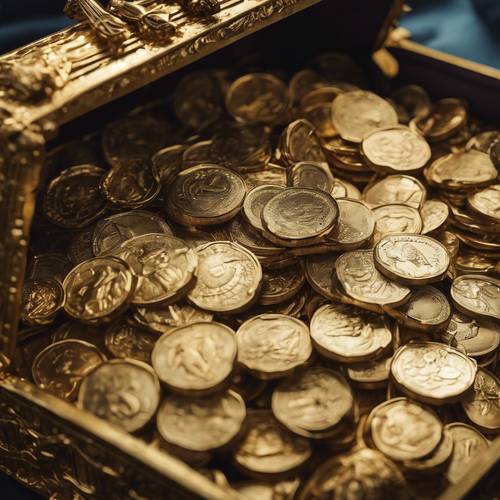 Eine Nahaufnahme von glänzenden Goldmünzen in einer Schatztruhe.