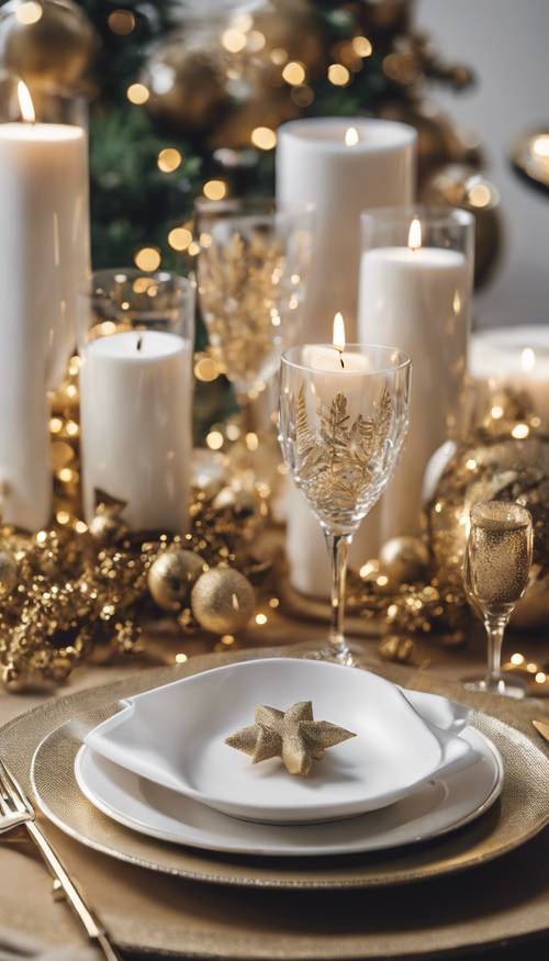 Close-up of a simple and modern Christmas table setting in gold and white