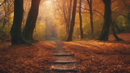 An enchanting path through a tranquil forest, carpeted with autumn leaves and surrounded by towering, colorful trees under a soft evening light. Tapet [b522ba0965fa413496a2]