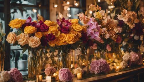 Lussuosa esposizione di un negozio di fiori con rose colorate, orchidee esotiche e girasoli in una luce dorata.