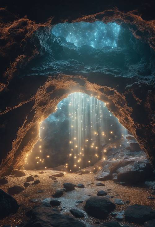Gua bawah tanah berlapis kristal yang bersinar dengan cahaya magis dan halus.