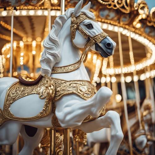 Un majestueux cheval de carrousel blanc orné de garnitures dorées ornées.