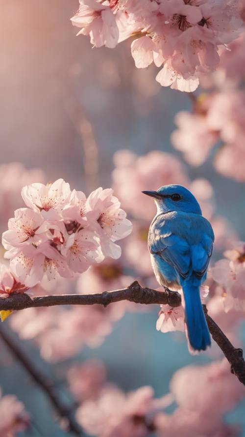 Красивая синяя птица нежно сидела на цветущей ветке вишни во время заката.
