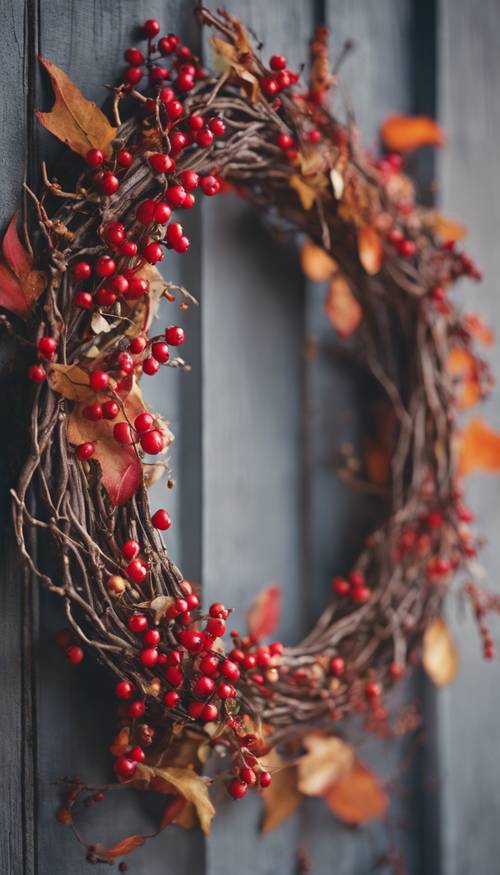 Деревенский венок из веток, украшенный осенними листьями и гроздьями маленьких красных ягод.