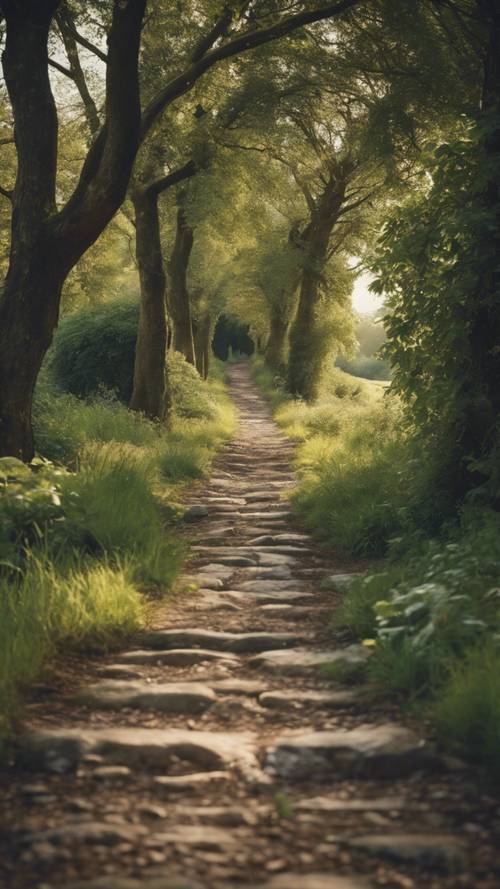Un sentiero di campagna, fiancheggiato da un muro di pietra e alberi imponenti, conduce a un cottage nascosto.
