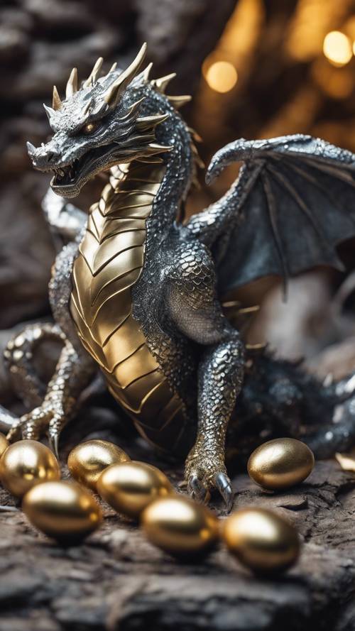 A silver dragon, curled protectively around her precious golden eggs in a cavern.