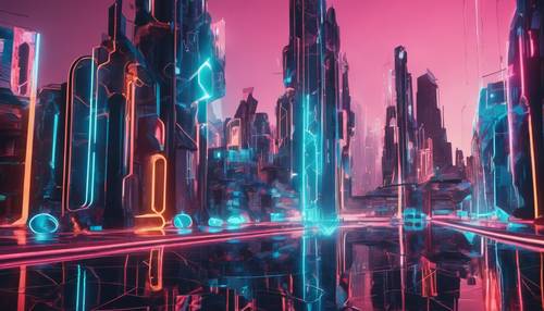 As formas geométricas combinam-se numa cidade futurista, realçada com toques de cores neon.