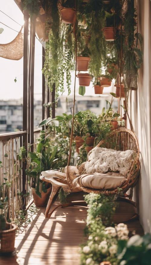 Un balcone arredato in stile boho, con piante sospese, mobili in rattan e luci a filo, per godersi il clima primaverile.