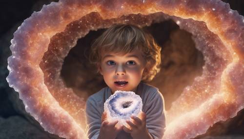 A child's amazed face illuminating by the ethereal glow of a geode.