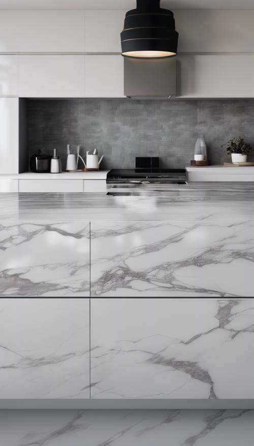 A sleek ultra-modern kitchen with gray and white marble countertops.