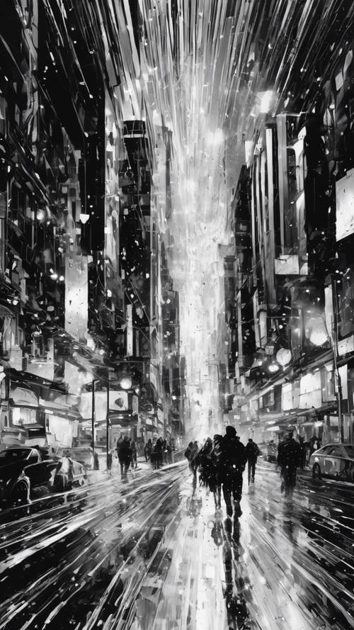 An abstract painting in black and white showing the chaotic energy of a city's nightlife.