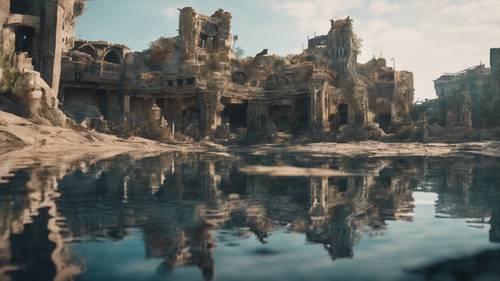 A sunken city with the remnants of a lost civilization peeking above the water surface.