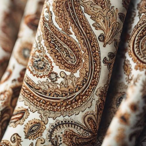 A close-up image of a cream colored paisley pattern on a man's tie