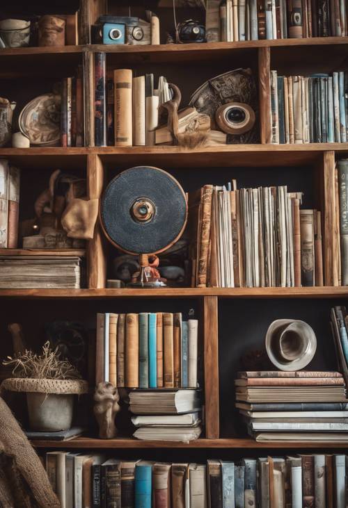 Une bibliothèque débordante remplie de récits de voyage, de disques vintage et de céramiques artisanales dans un bureau bohème moderne.