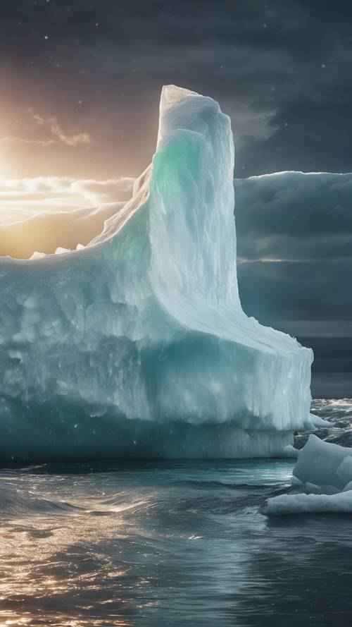 קרחון לבן מלכותי על רקע ים חשוך, מואר על ידי הזוהר הצפוני.