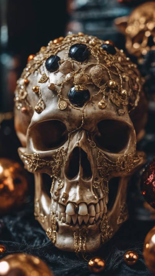 Un inquietante teschio di velluto decorato con ornamenti di Halloween