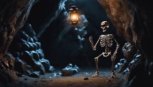 Черный скелет с фонарем, указывающий путь через кромешную тьму пещеры.