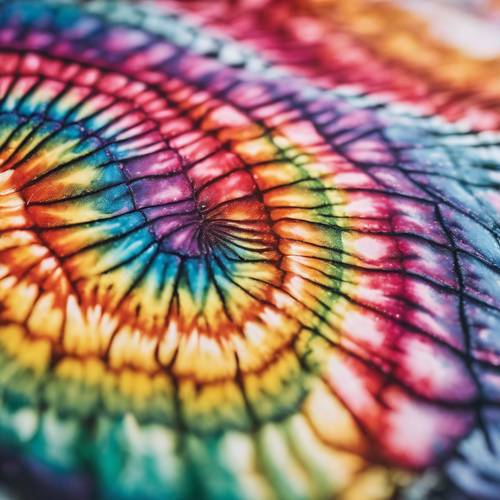 Close-up view of a vibrant tie-dye design in rainbow swirl.