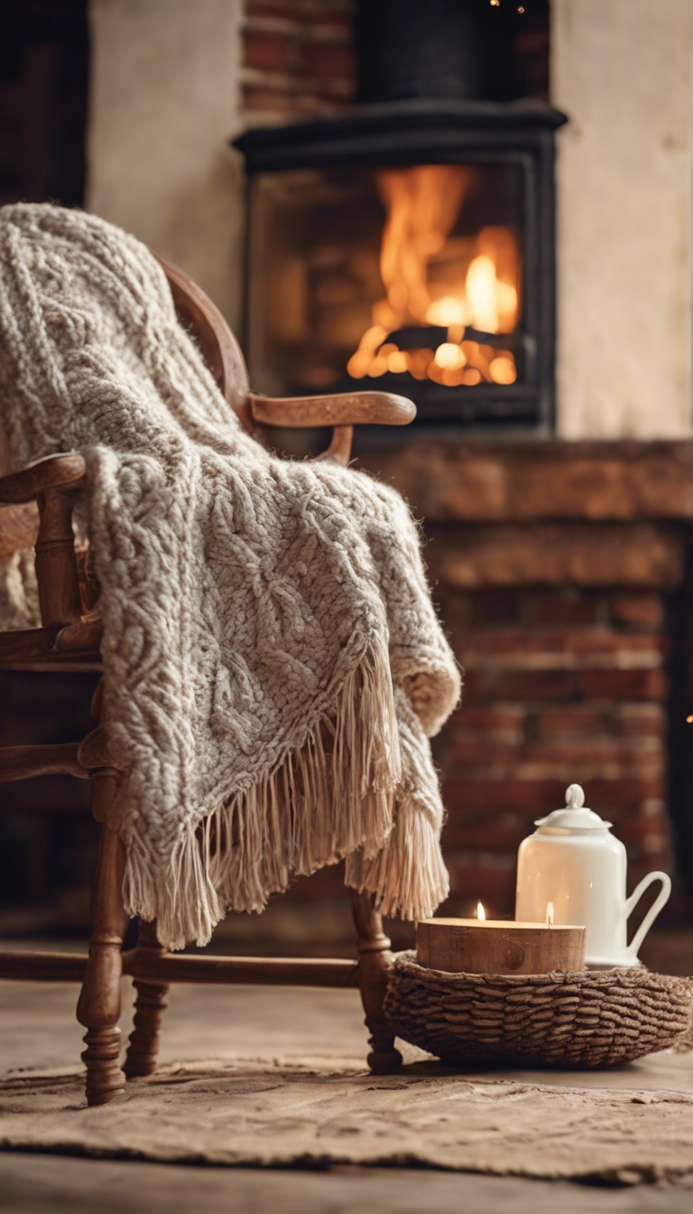 A cottagecore style hand-knitted blanket lying on an antique oak chair by the fireplace. Hintergrund[7248ba22ef944995adfe]
