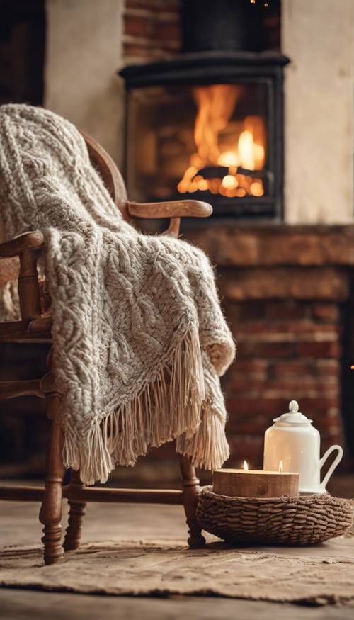 A cottagecore style hand-knitted blanket lying on an antique oak chair by the fireplace.