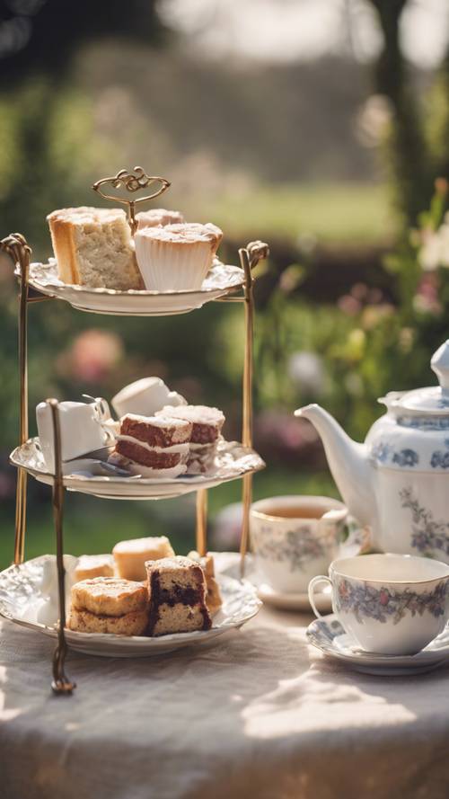 A cozy afternoon tea set out in a walled English garden - a rich cake, a teapot with steam rising, vintage crockery, and birdsong in the air. Tapeta [fae07e1fb068494aa27a]
