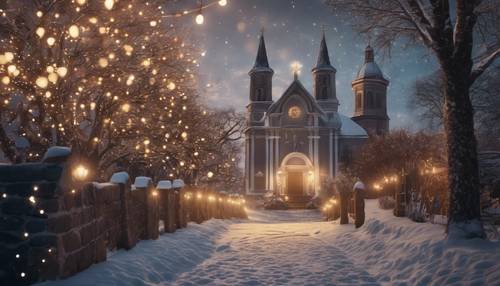 An exquisite illustration of a cobblestone pathway leading to an illuminated vintage church on a blissful Christmas Eve. Ταπετσαρία [46c0f7bef6264959883b]