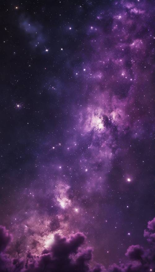 Galaksi ungu tua bertabur formasi bintang dan awan kosmik yang tak terhitung jumlahnya, mencerminkan gambaran ketenangan dan keajaiban.
