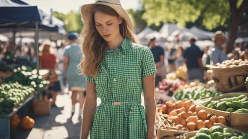 Eine Frau trägt ein adrettes grün kariertes Kleid auf einem Bauernmarkt.