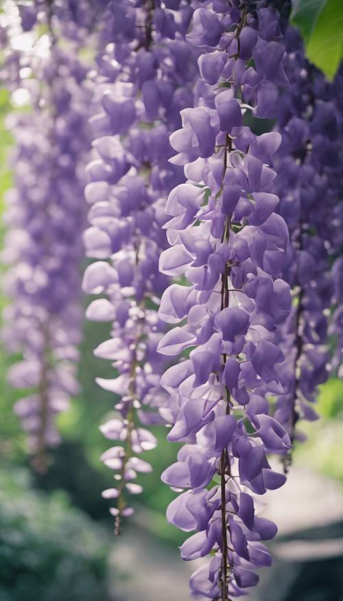 A close-up of purple wisteria flowers in full bloom at a Japanese botanical garden.
