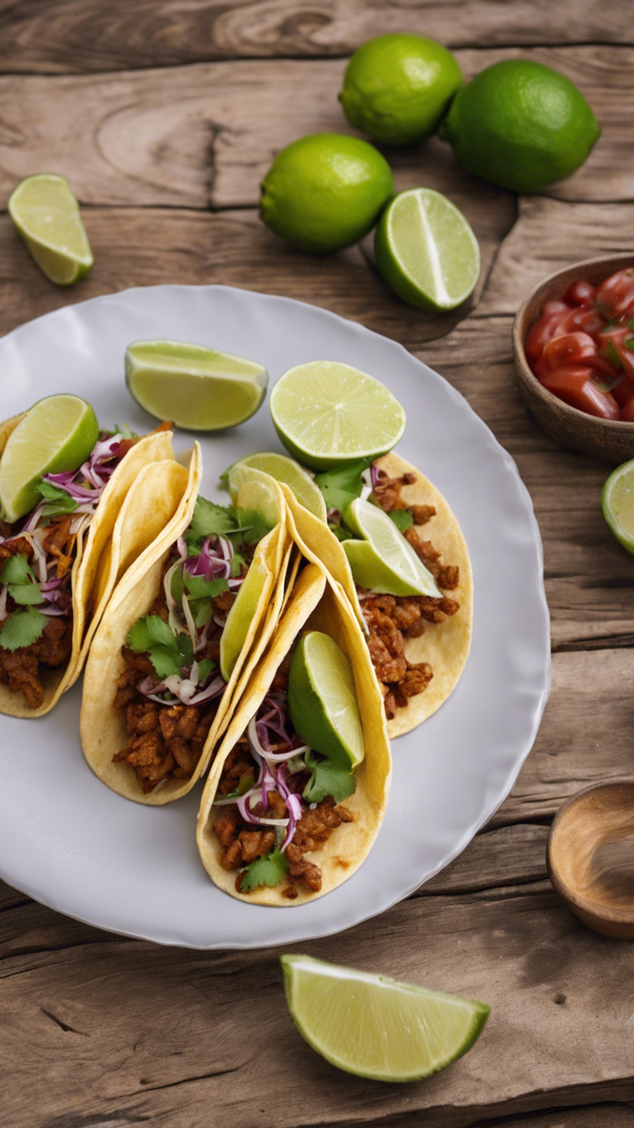 A plate of tacos garnished with fresh lime wedges on a rustic wooden table. 벽지[5f6c6b777f9c4d0caf3c]