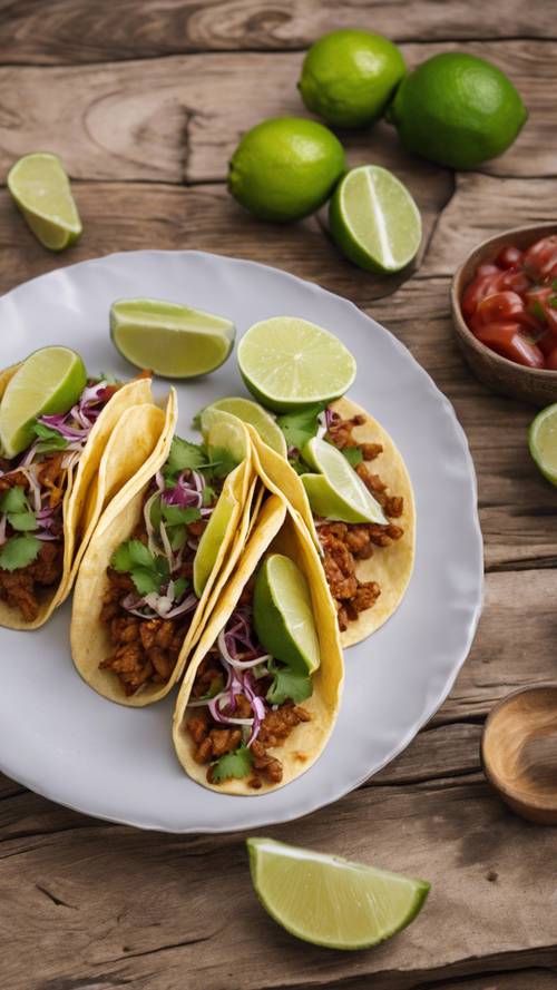 Talerz tacos przyozdobiony kawałkami świeżej limonki na rustykalnym drewnianym stole.